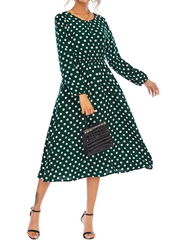 Patchwork Rundhalsausschnitt Langarm Herbst Polka Dots Damenkleid