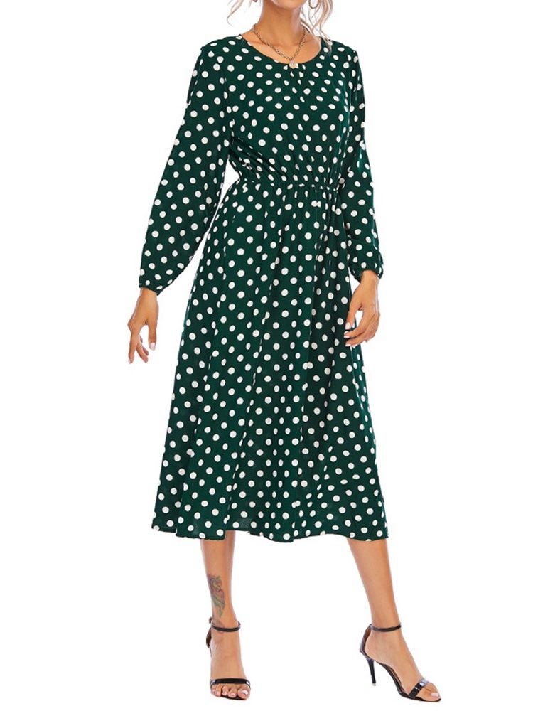 Patchwork Rundhalsausschnitt Langarm Herbst Polka Dots Damenkleid