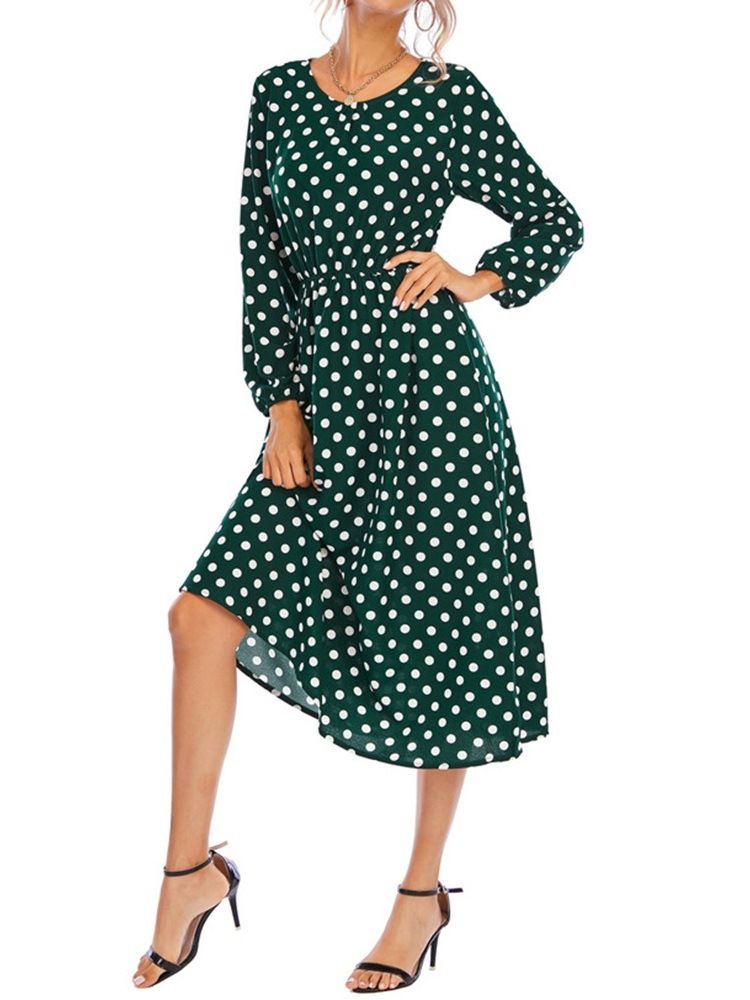 Patchwork Rundhalsausschnitt Langarm Herbst Polka Dots Damenkleid