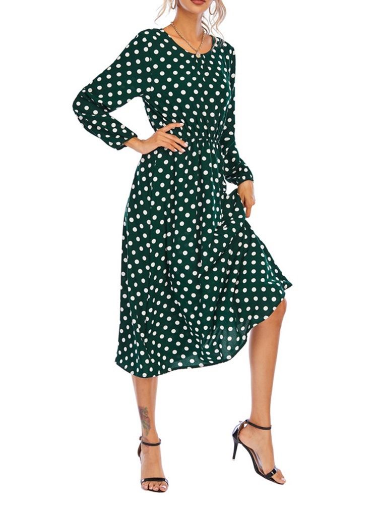 Patchwork Rundhalsausschnitt Langarm Herbst Polka Dots Damenkleid