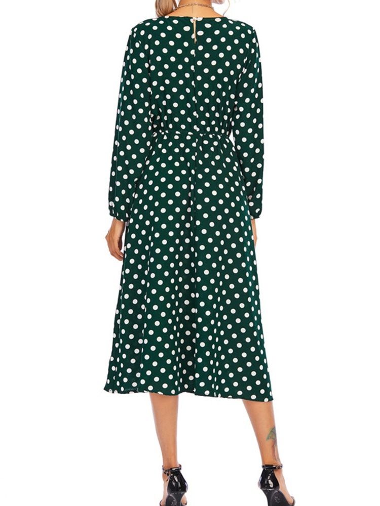 Patchwork Rundhalsausschnitt Langarm Herbst Polka Dots Damenkleid