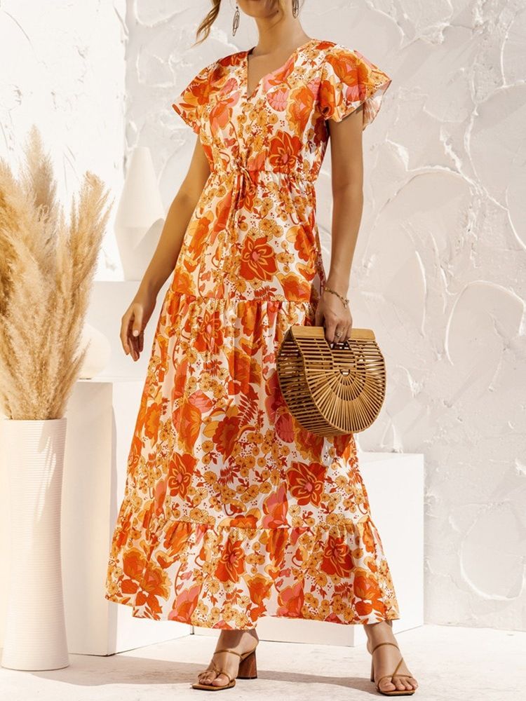 Print Kurzarm Knöchellang Floral A-line Floral Maxikleid Strandkleider Für Damen