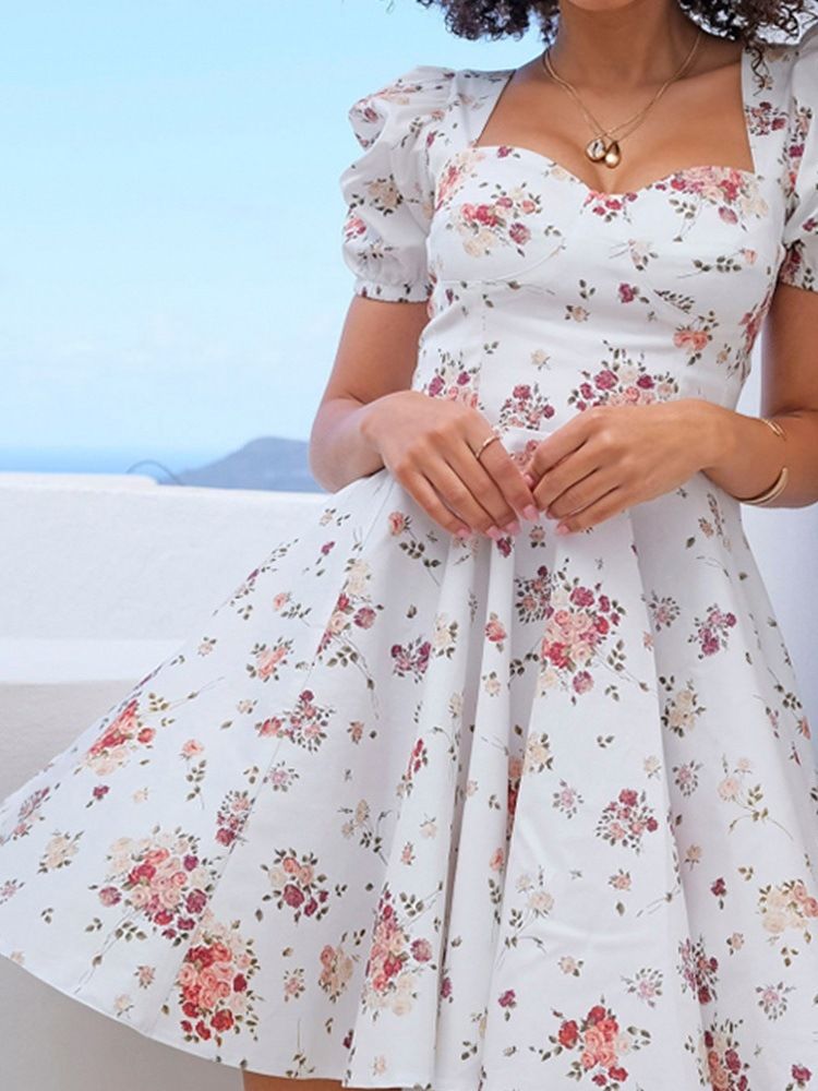 Print Über Dem Knie Kurzarm Sweet Mid Waist Damenkleid