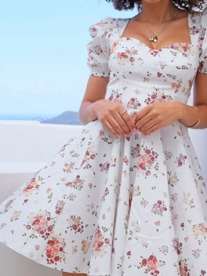 Print Über Dem Knie Kurzarm Sweet Mid Waist Damenkleid