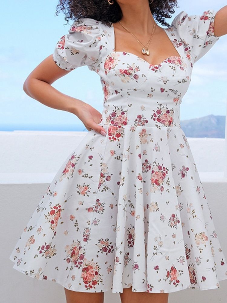 Print Über Dem Knie Kurzarm Sweet Mid Waist Damenkleid