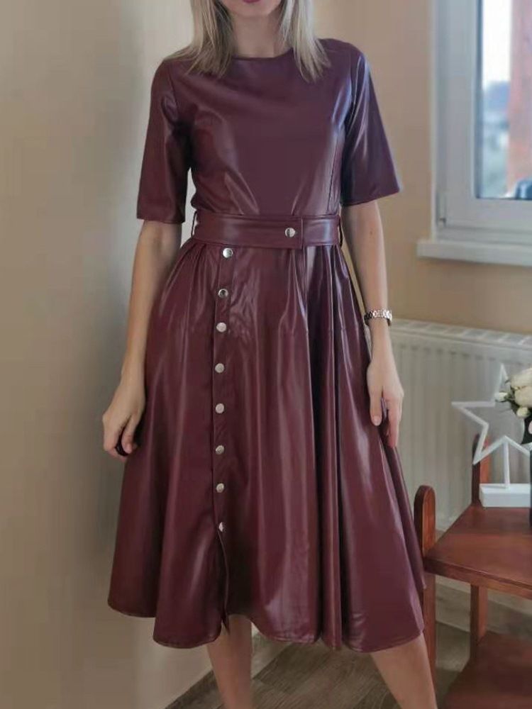 Rundhals Knopf Kurzarm Regular A-linie Damenkleid