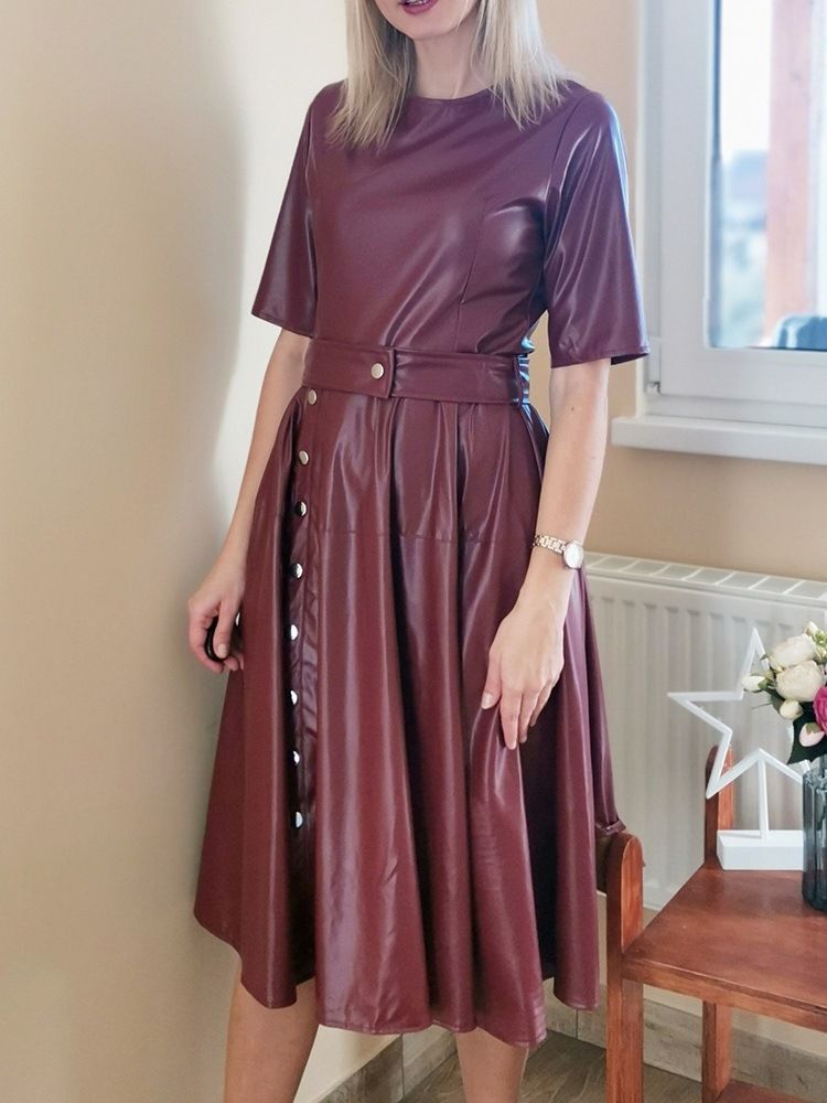 Rundhals Knopf Kurzarm Regular A-linie Damenkleid