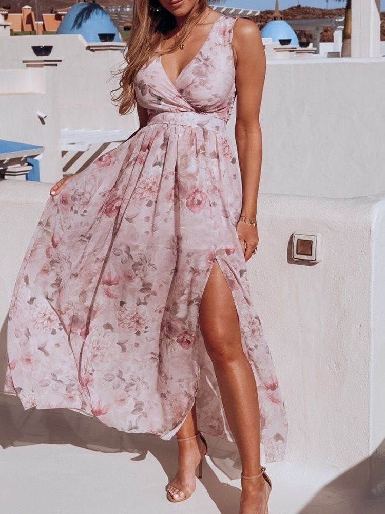 V-ausschnitt Knöchellang Split High Waist A-linie Kleid Floral Maxikleid Strandkleider Für Damen