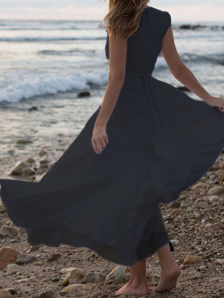 V-ausschnitt Kurzarm Bodenlange Strandkleider Für Damen