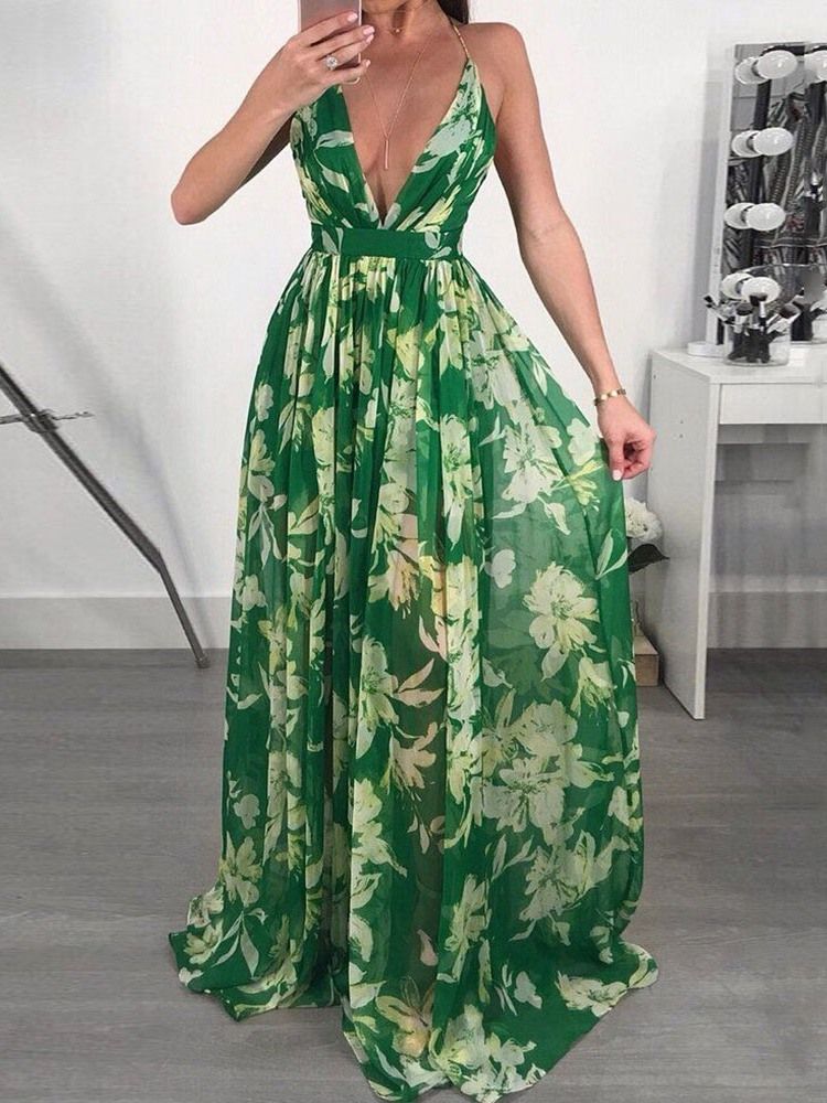 V-ausschnitt Rückenfrei Bodenlang Fashion Floral Maxikleid Strandkleider Für Damen