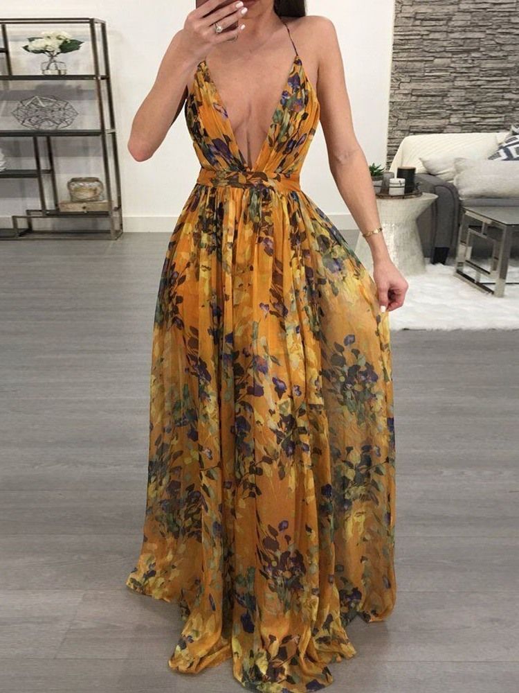 V-ausschnitt Rückenfrei Bodenlang Fashion Floral Maxikleid Strandkleider Für Damen