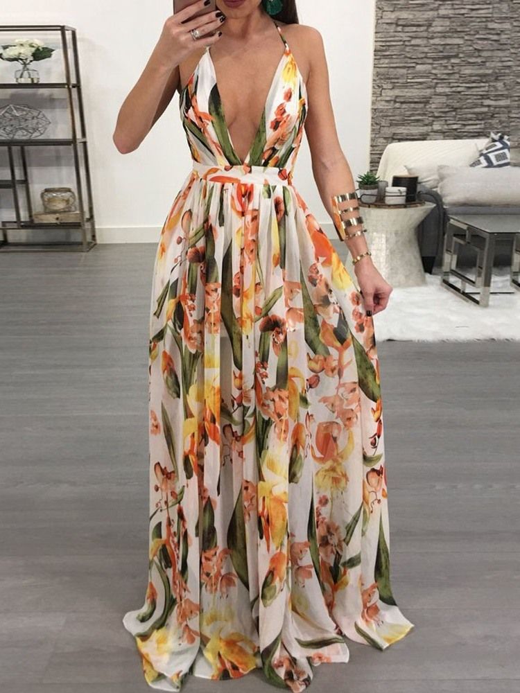 V-ausschnitt Rückenfrei Bodenlang Fashion Floral Maxikleid Strandkleider Für Damen