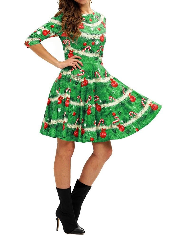 Weihnachts-weihnachtsrundhals-halbarm-oberknie-sommer-party-cocktailkleid