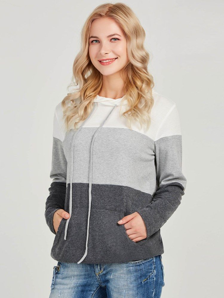 Damen Farbblock Dicker Patchwork Lange Ärmel Cooler Hoodie