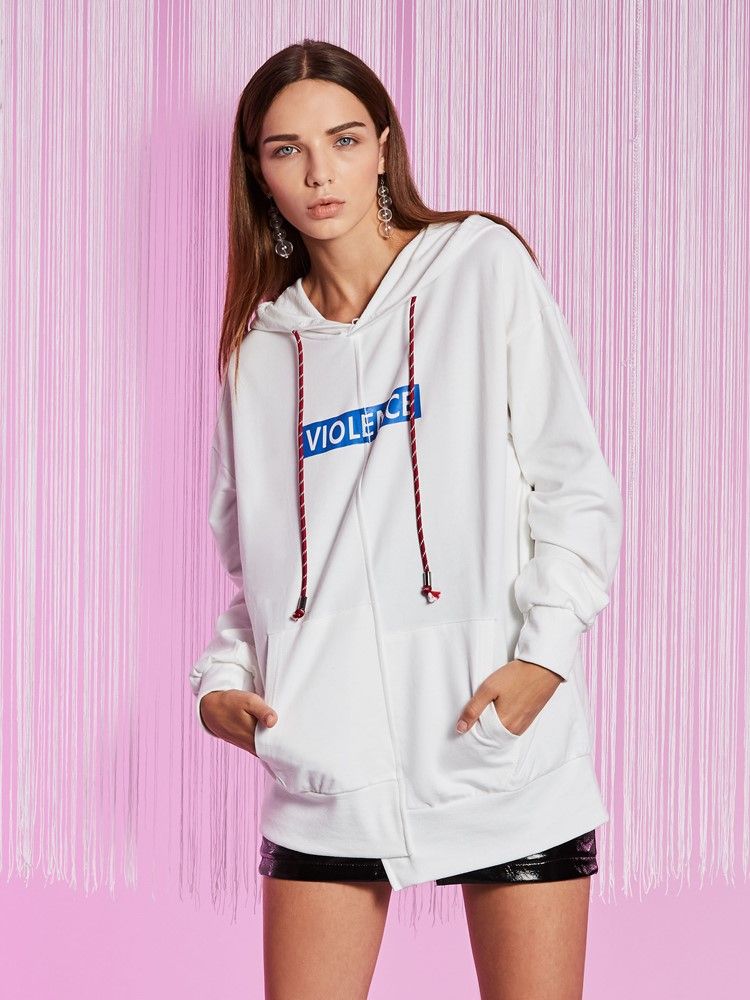 Damen-hoodie Mit Buchstabendruck Asymmetrisch Mit Känguru-tasche