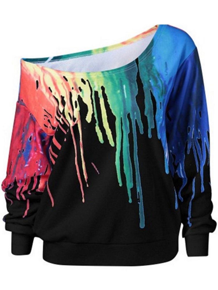 Damen Lockeres Buntes 3d-print Sweatshirt Mit Schrägem Kragen