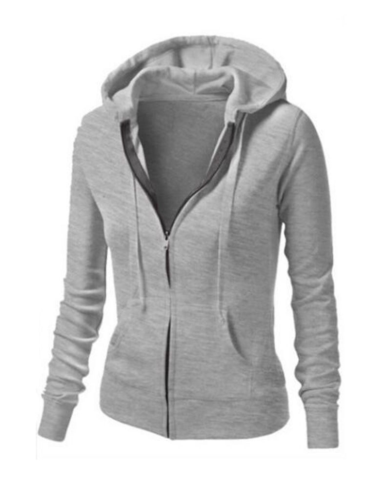 Damen Zipper Plain Casual Long Sleeves Cooler Hoodie