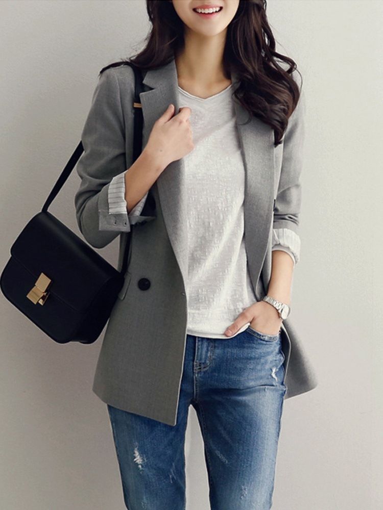 Damen Gekerbter Revers Langarm Einfarbig Normal Mittellang Casual Blazer