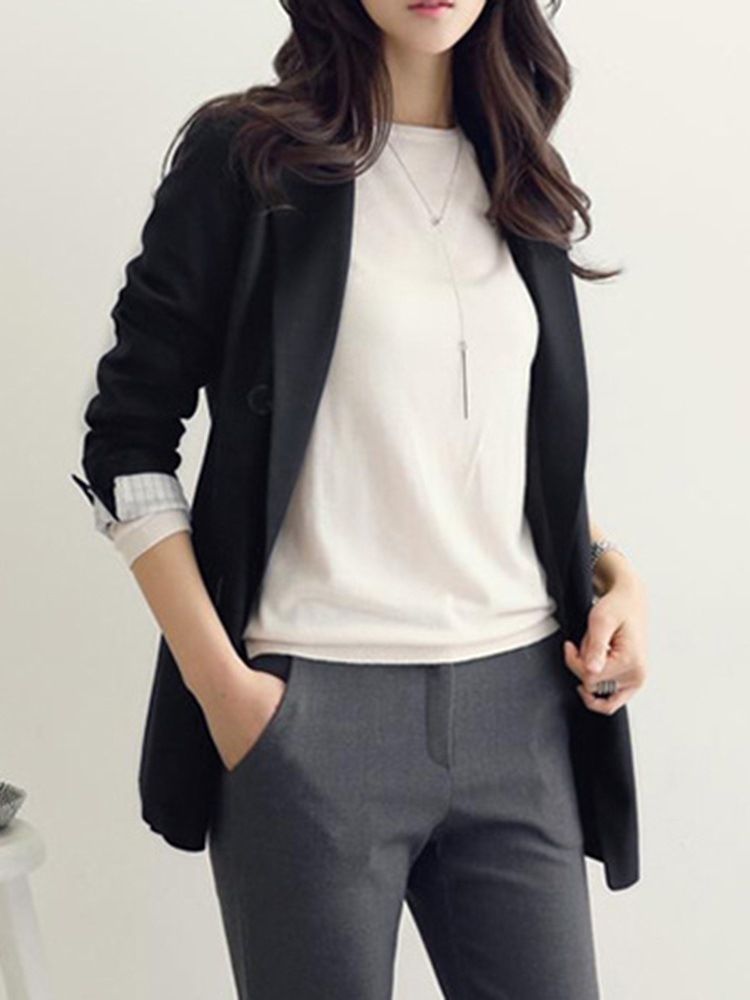 Damen Gekerbter Revers Langarm Einfarbig Normal Mittellang Casual Blazer