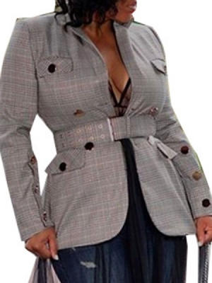 Damen Langarm Plaid Regular Mittellanger Casual Blazer