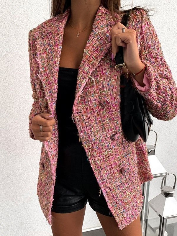 Damen Langarm Zweireiher Farbblock Mittellanger Casual Blazer Casual