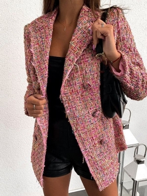 Damen Langarm Zweireiher Farbblock Mittellanger Casual Blazer Casual