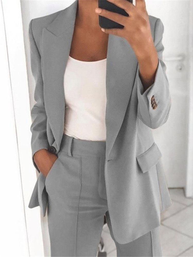 Einfach Gekerbter Revers Ein-knopf Regular Mittellanger Casual Damen Blazer