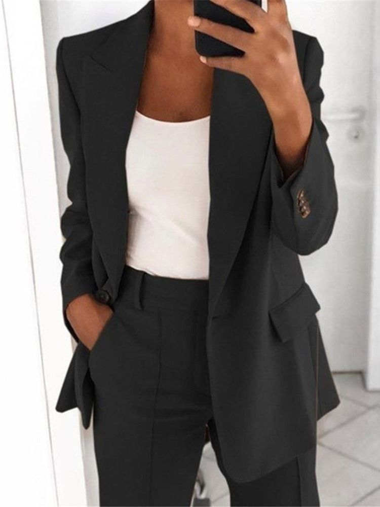 Einfach Gekerbter Revers Ein-knopf Regular Mittellanger Casual Damen Blazer