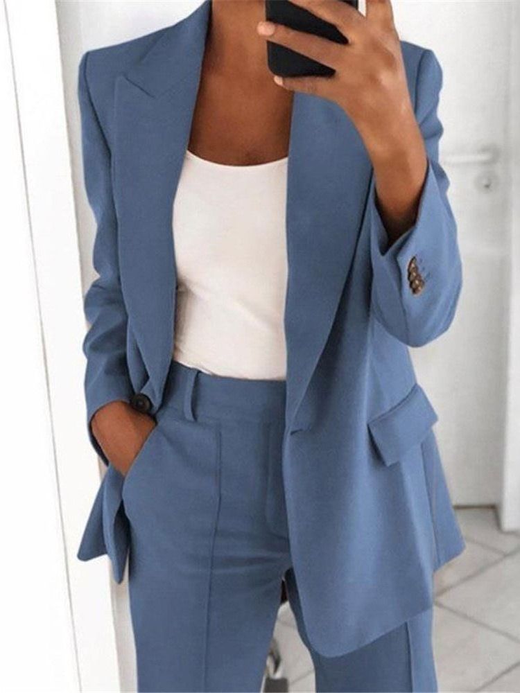 Einfach Gekerbter Revers Ein-knopf Regular Mittellanger Casual Damen Blazer