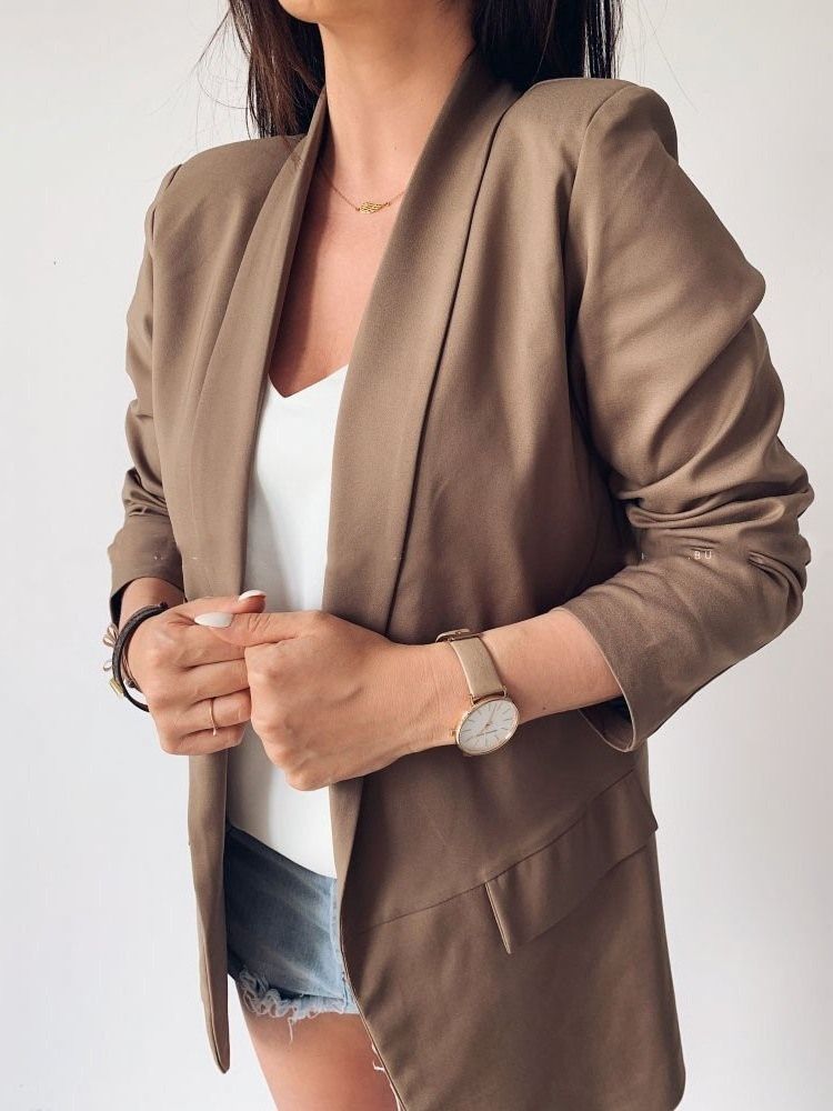 Einfarbiger Mittellanger Lässiger Herbst-blazer Mit 3/4-ärmeln Für Damen