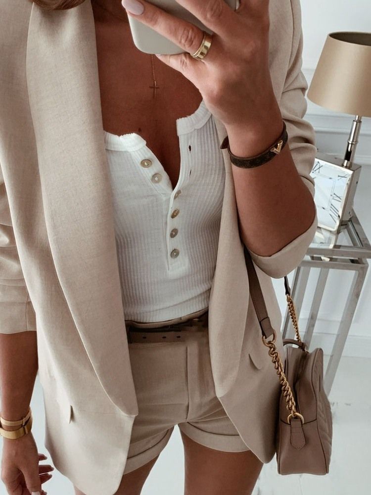 Einfarbiger Mittellanger Lässiger Herbst-blazer Mit 3/4-ärmeln Für Damen