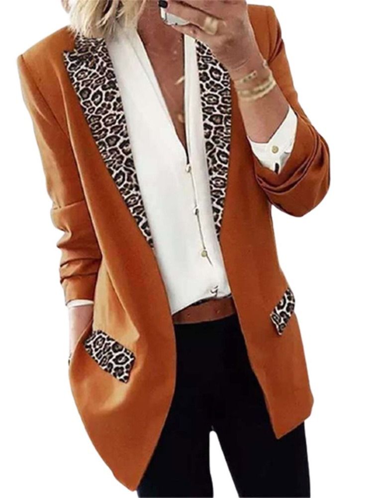 Revers Leopard Wrapped Herbst Mittellanger Casual Damen Blazer