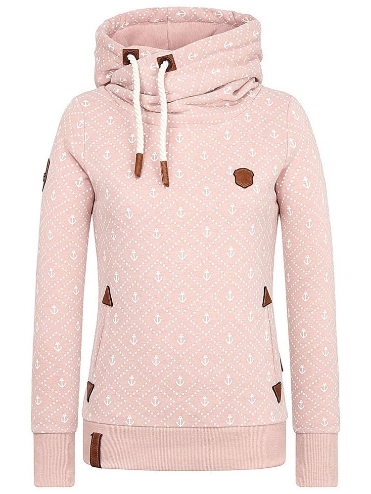 Damen Print Casual Rollkragen Cooler Hoodie