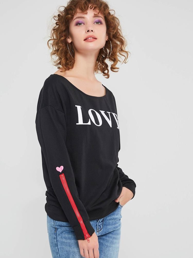 Damen-print Letter Langarm Mittellanger Hoodie