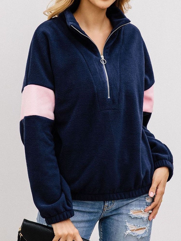 Damen Regular Color Block Reißverschluss Kurzer Langarm Hoodie