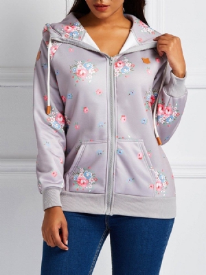 Damen Reißverschluss Print Blumen Lange Ärmel Cooler Hoodie