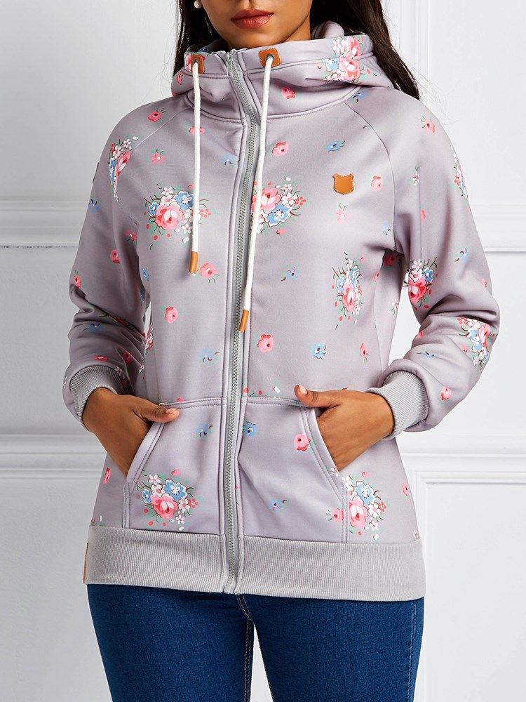 Damen Reißverschluss Print Blumen Lange Ärmel Cooler Hoodie