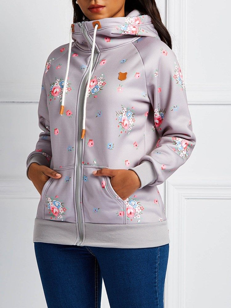 Damen Reißverschluss Print Blumen Lange Ärmel Cooler Hoodie