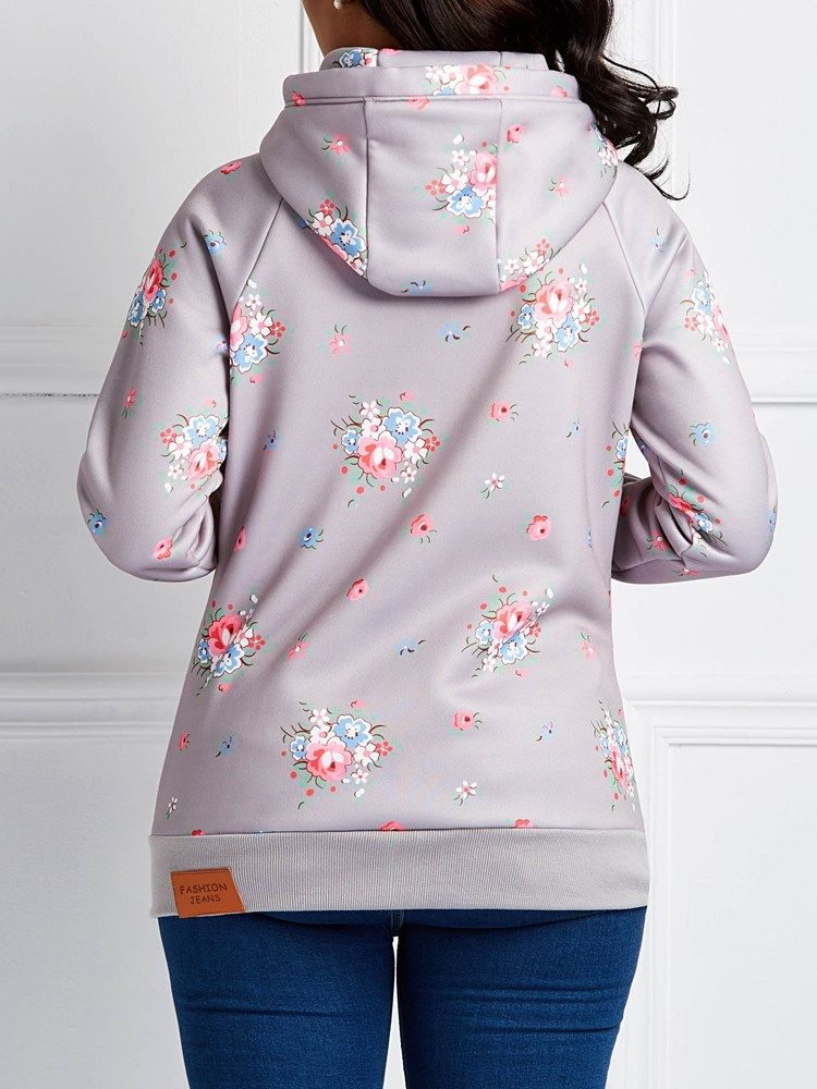 Damen Reißverschluss Print Blumen Lange Ärmel Cooler Hoodie