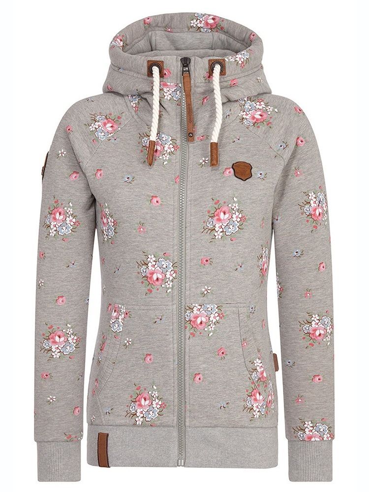 Damen Reißverschluss Print Blumen Lange Ärmel Cooler Hoodie