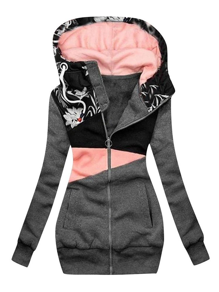 Floral Regular Zipper Herbst Langarm Damen Hoodie