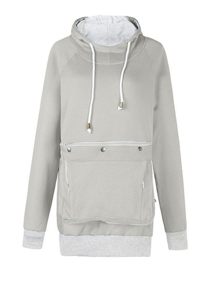 Pocket Plain Regular Mittellanger Herbst Damen Hoodie