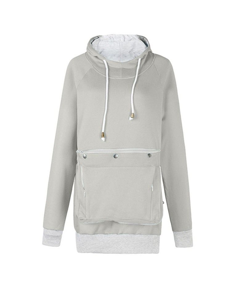 Pocket Plain Regular Mittellanger Herbst Damen Hoodie