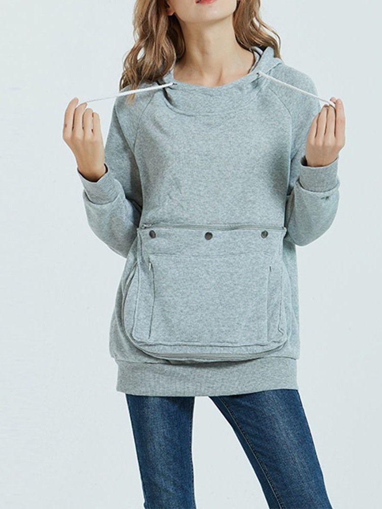 Pocket Plain Regular Mittellanger Herbst Damen Hoodie