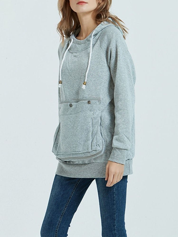 Pocket Plain Regular Mittellanger Herbst Damen Hoodie