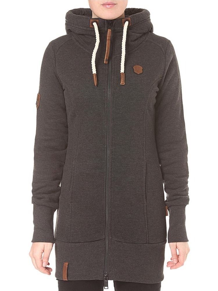 Regular Zipper Plain Langarm Mittellanger Damen Hoodie