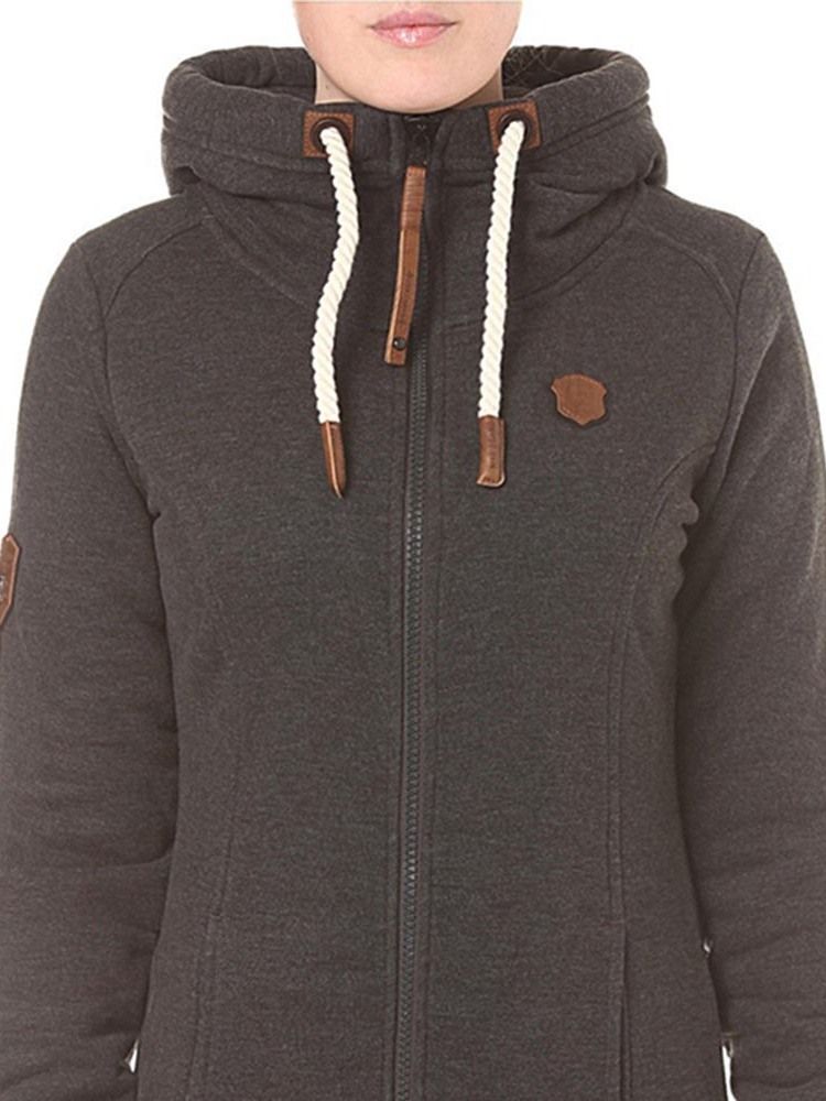 Regular Zipper Plain Langarm Mittellanger Damen Hoodie