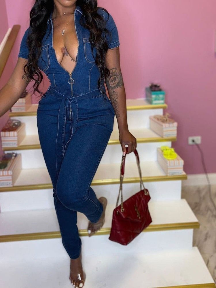 Damenmode Casual Sexy Denim Jumpsuit Bürodame Ganzkörperansicht Schlanke Bleistifthosen Pencil