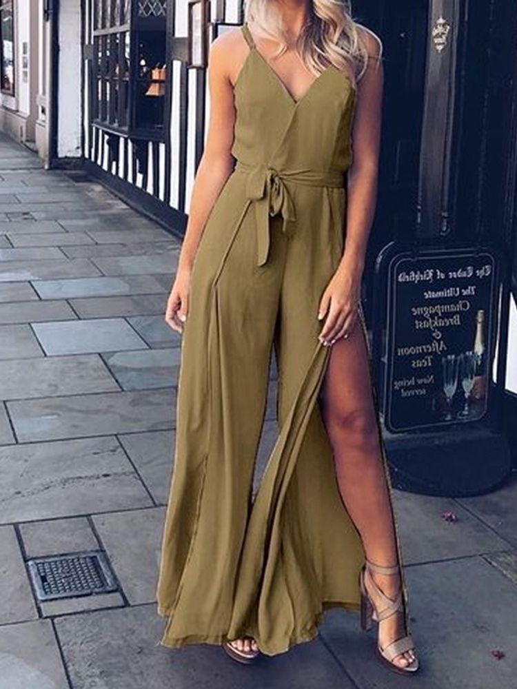 Mode Einfarbiger Damen Jumpsuit Mit Weitem Bein In Voller Länge