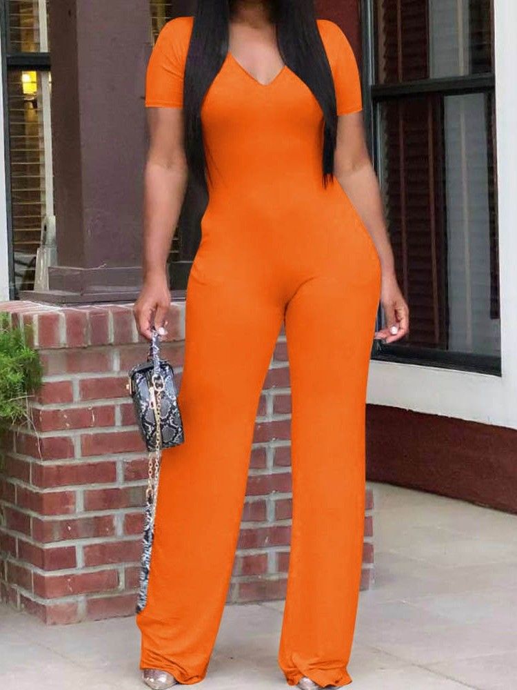 Office Lady Schlichter Gerader Damen Jumpsuit In Voller Länge